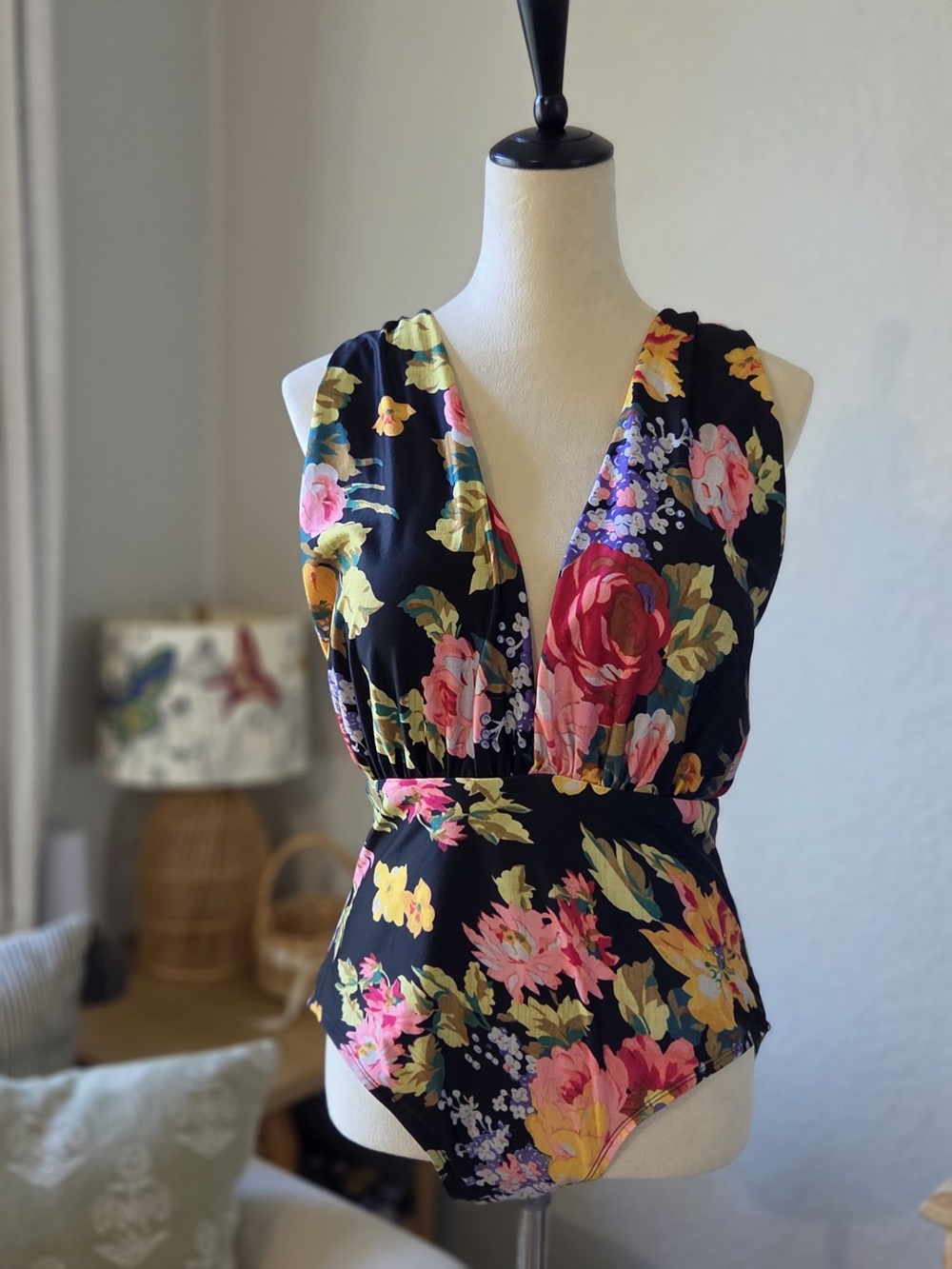Floral V-Neck Sleeveless Women’s Swimsuit- Black with Multicolor Floral Print